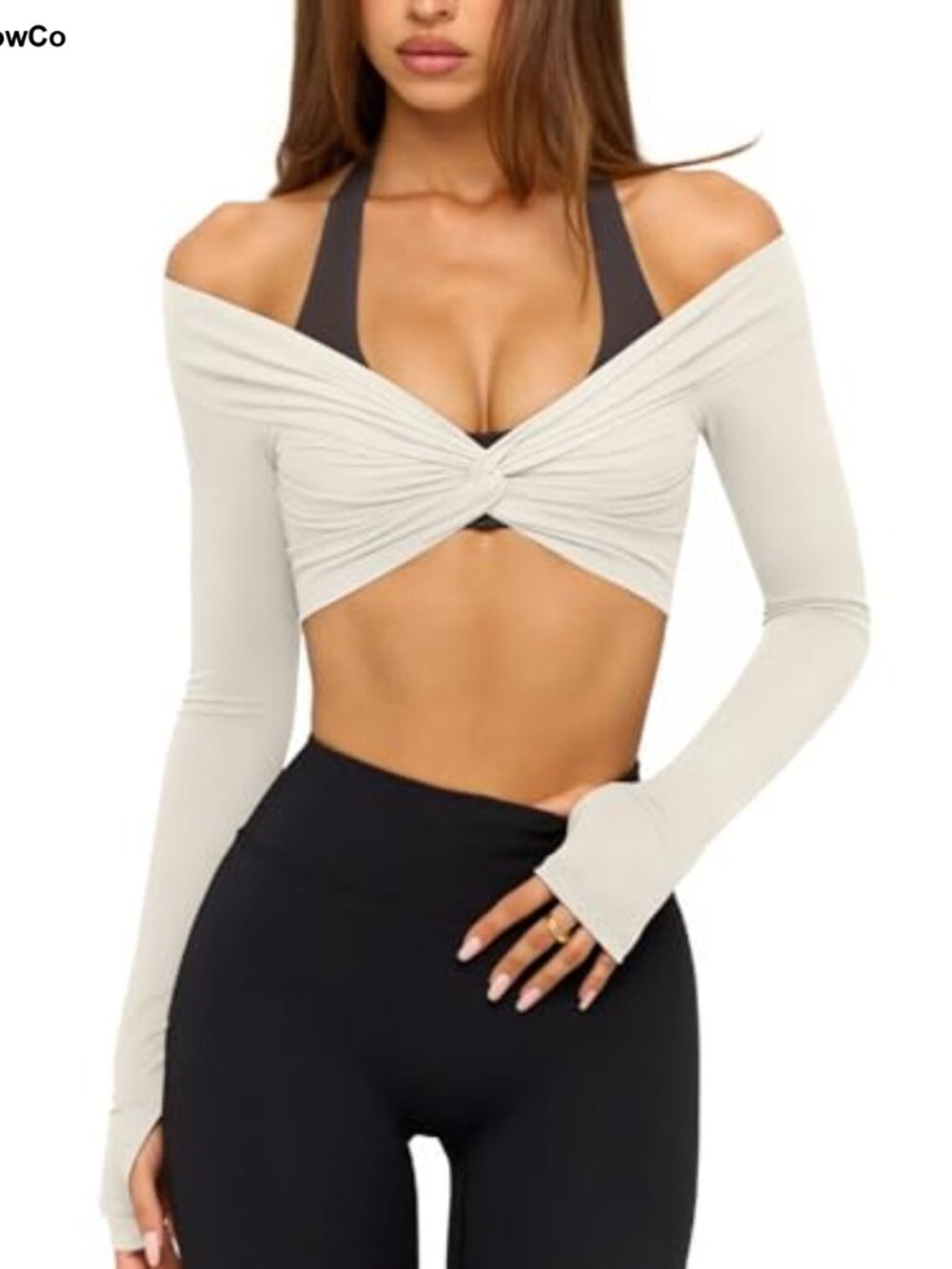 Womens Twist Front Long Sleeve Workout Crop Top Off Shoulder Wrap Shrug